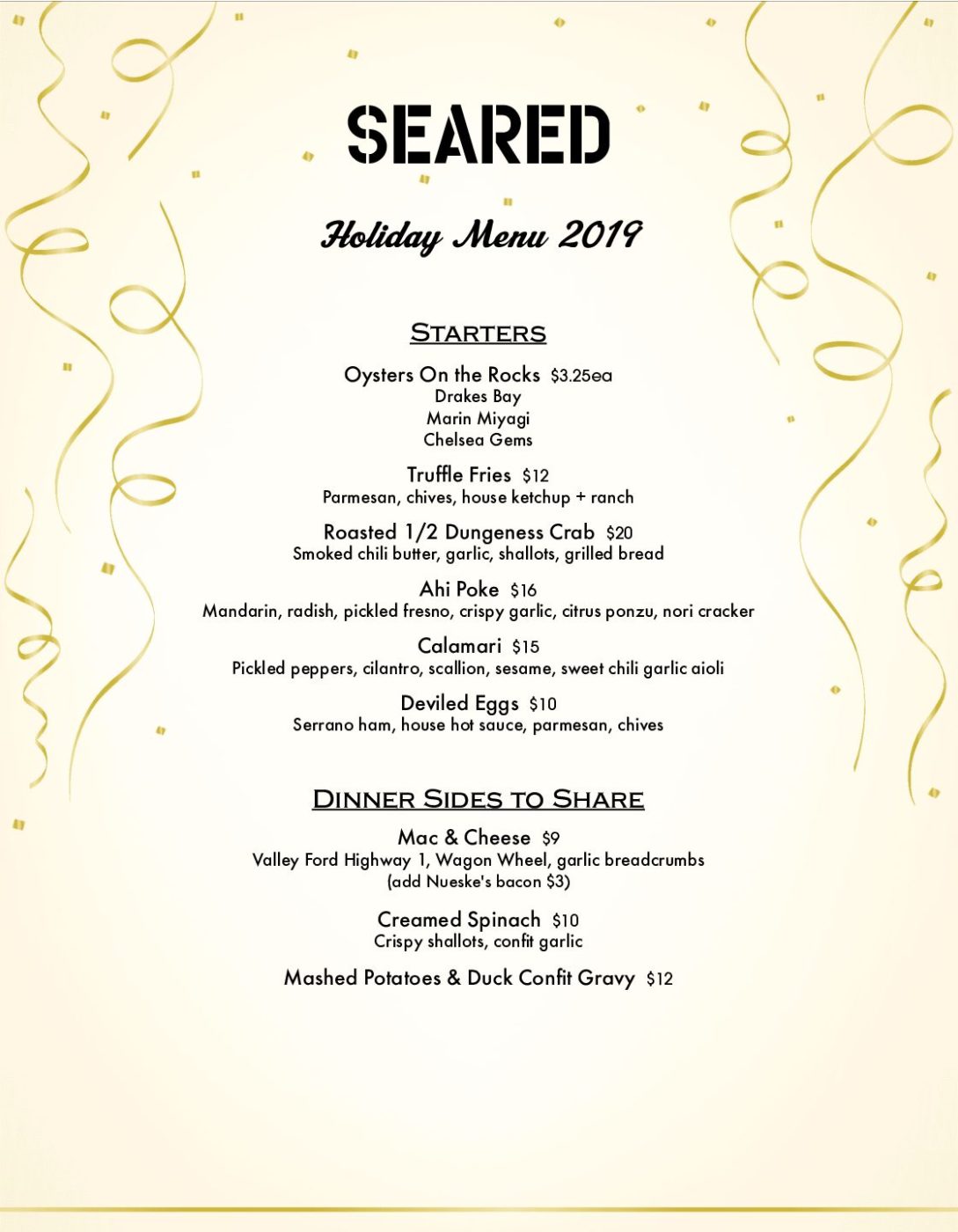 Limited Special Holiday 2019 menu available at Seared in Petaluma