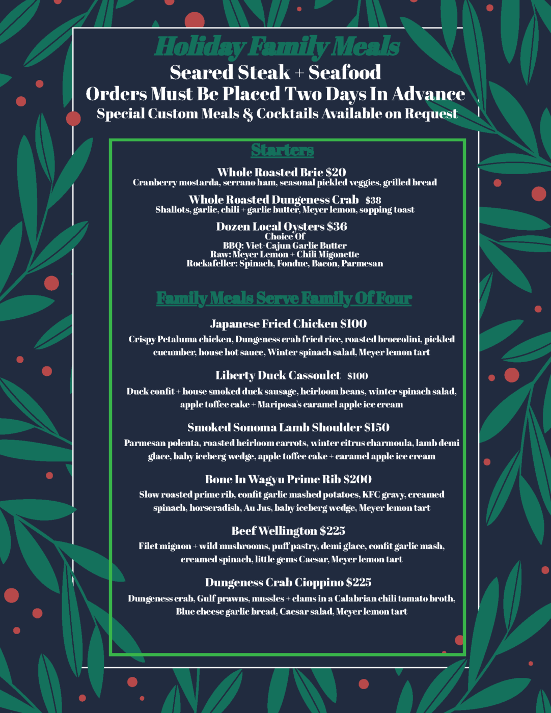 Limited Special Holiday Family Meals menu available at Seared in Petaluma