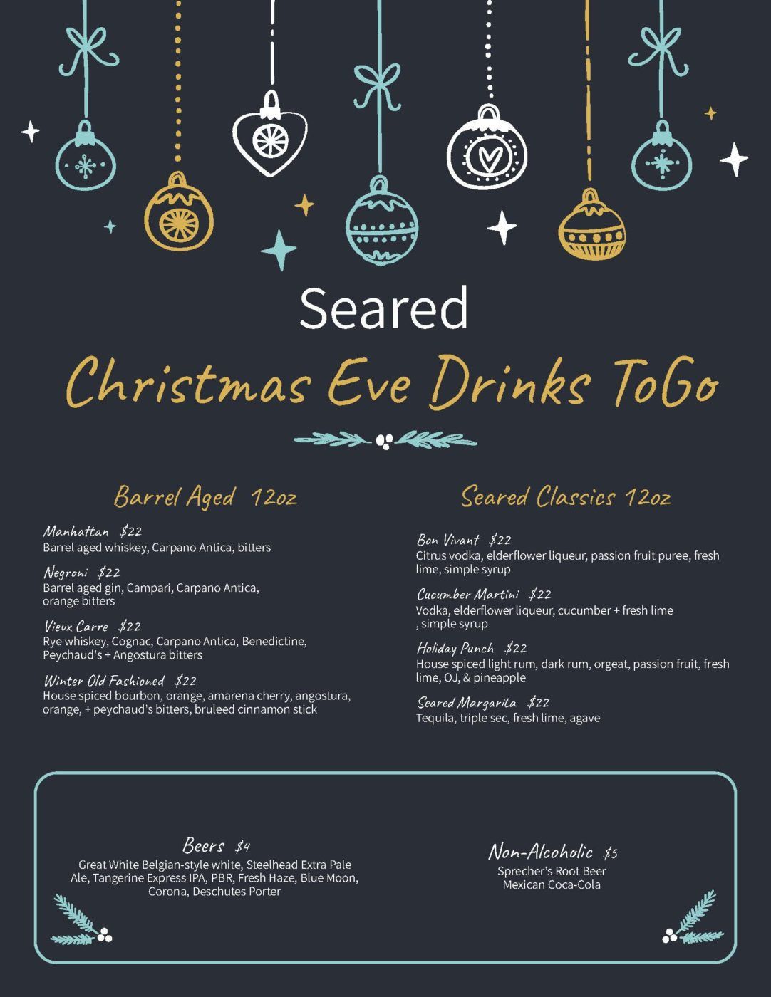 Christmas Eve Drinks and Cocktails to-go from Seared 
