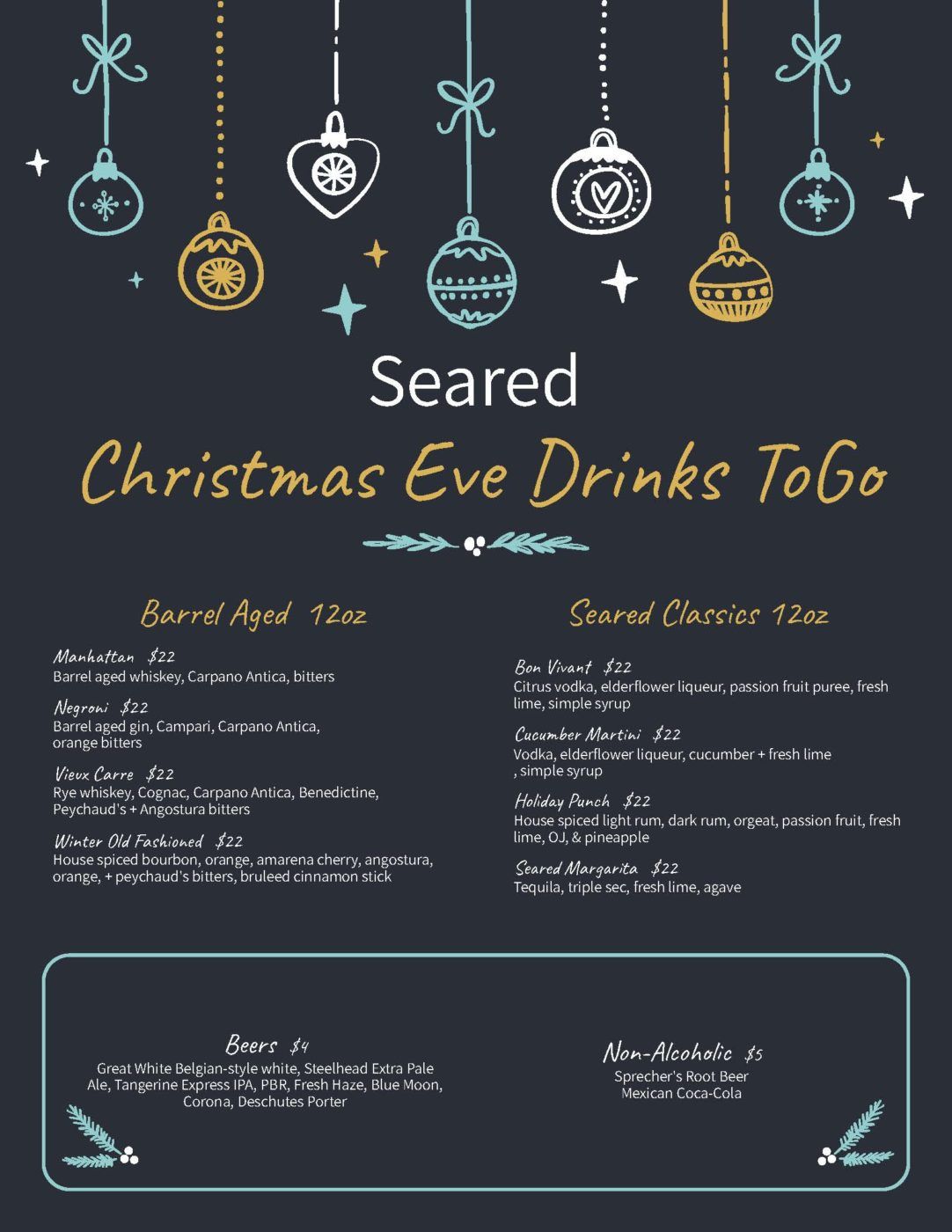 Christmas Eve Drinks and Cocktails to-go from Seared