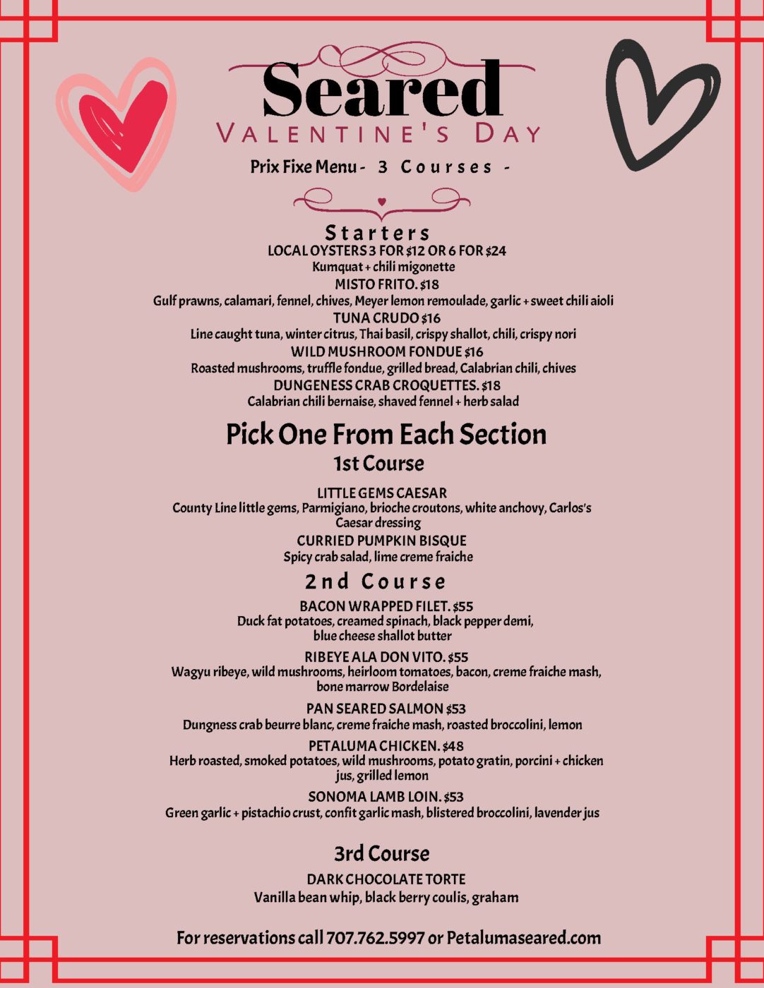 Limited Special Valentine's Day 3-course menu available at Seared in Petaluma