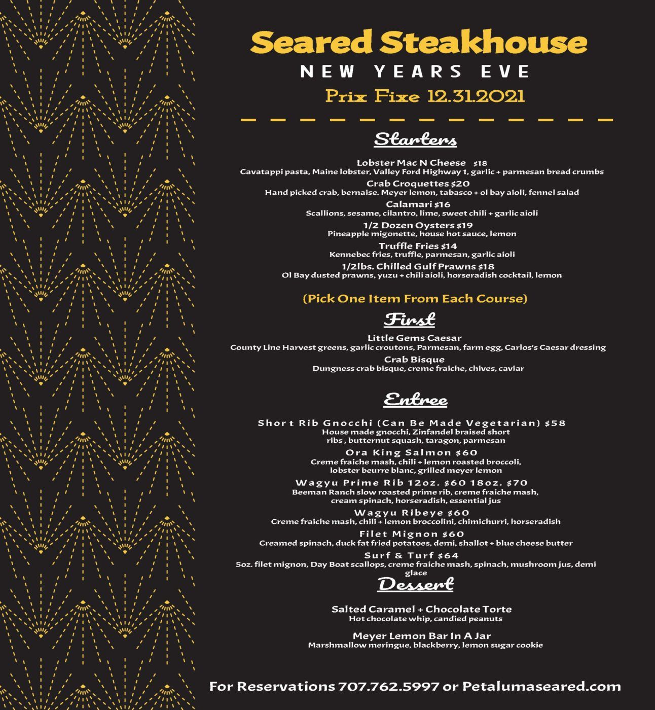 Limited Special New Years Eve menu available at Seared in Petaluma