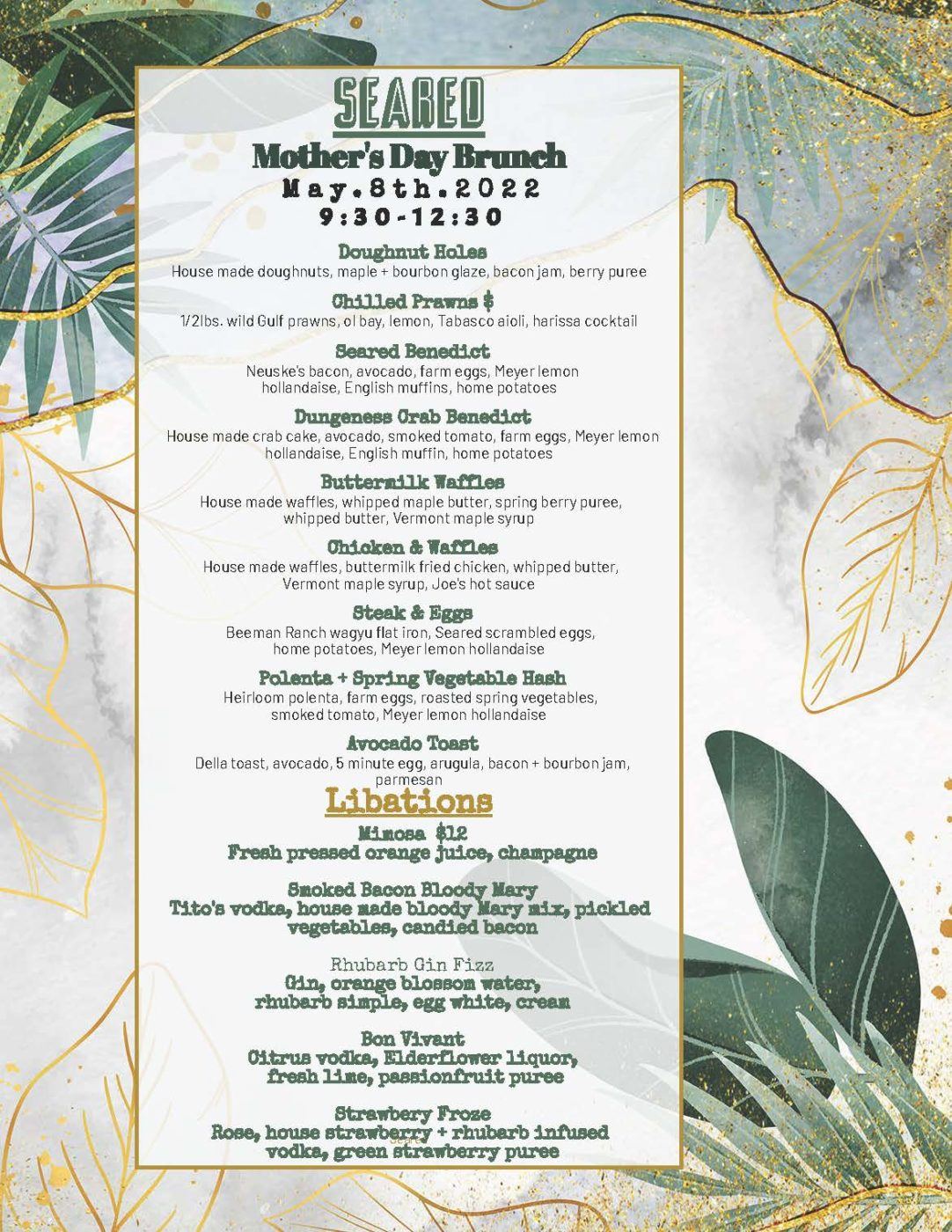 Limited Special Mother's Day Brunch menu available at Seared in Petaluma